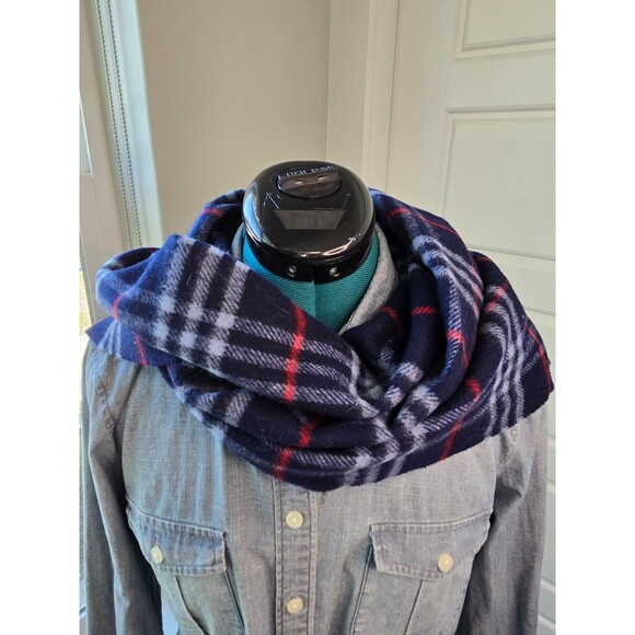 VINTAGE BURBERRYS OF LONDON AUTHENTIC BLUE RED PLAID  LAMBSWOOL UNISEX OS 1990s - Picture 2 of 12